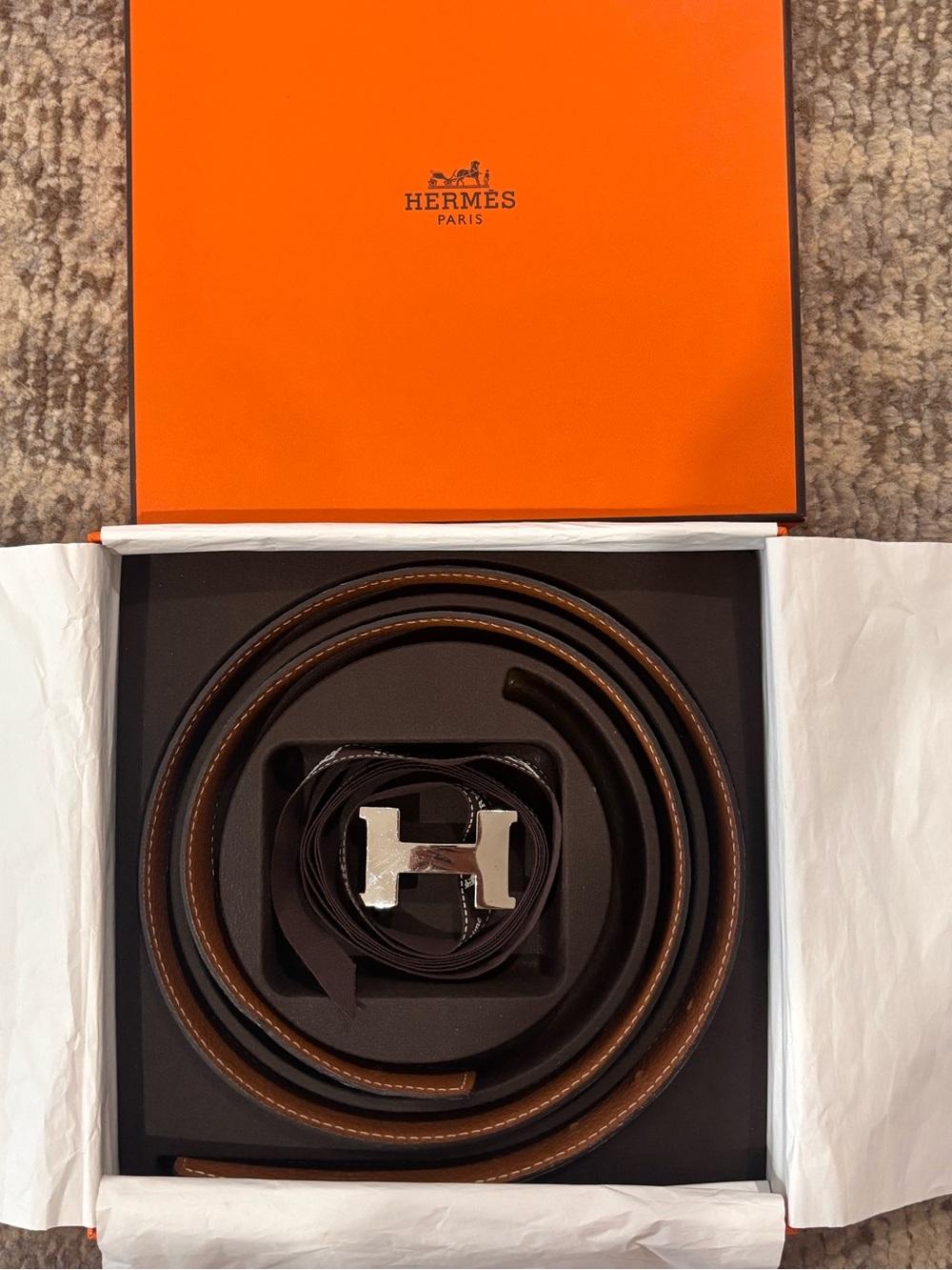 Authentic HERMES H Constance black brown silver buckle leather belt 95cm